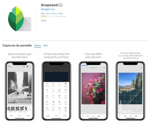 Snapseed app para editar fotos en iphone